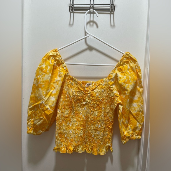 Open Edit Yellow Ballon Puff Sleeve Smocked Top with Floral Print L - Picture 5 of 8
